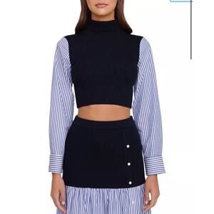 STAUD Louisa Blue Mixed Media Cropped Merino Wool Sweater Top Small NEW